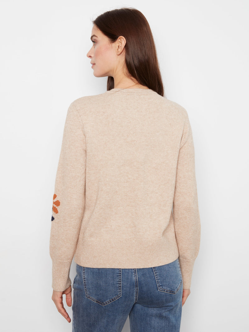 Charlie B • Long Sleeve Crew Neck Sweater W/ Placed Jacquard Flowers - Light Heather Sand