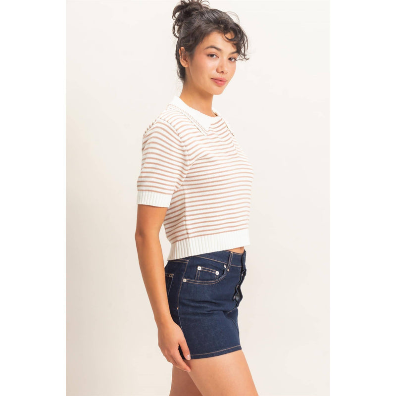Striped Short-Sleeve Collar Knit Top - Dark Taupe