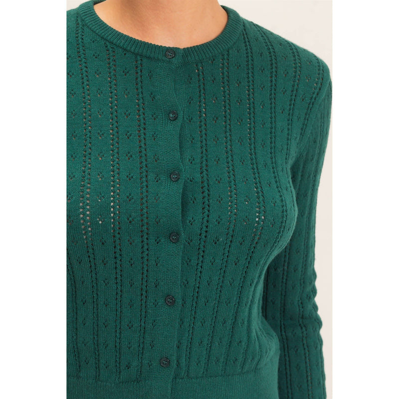 Pointelle Button Up Cardigan - Dark Green