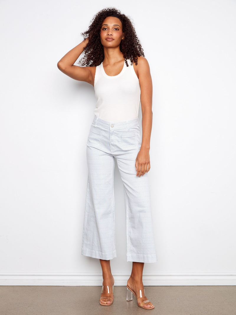 Yarn Dye Striped Twill Cropped Patch Pocket Flare Pants