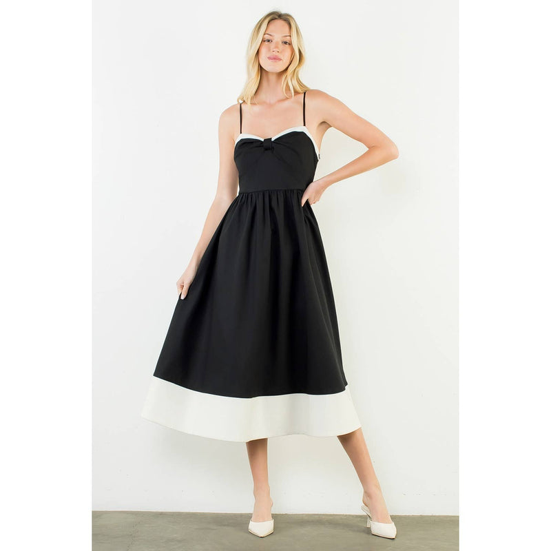 Thin Strap Bow Detail Midi Dress - Black
