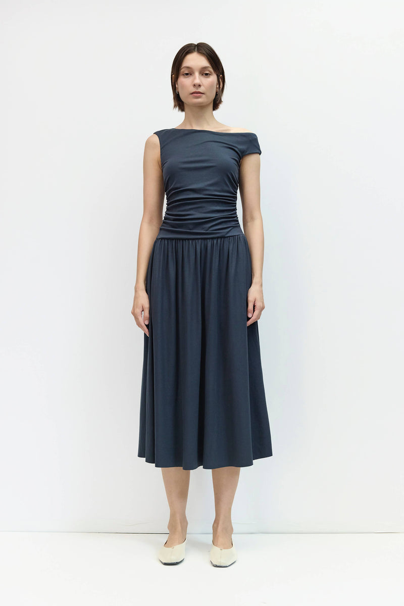 The Alaina Dress | Off the Shoulder Ruched Midi Dress - Navy