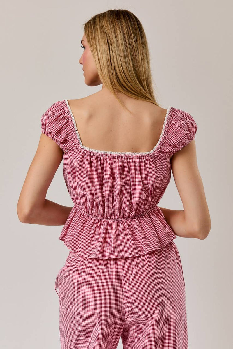 Gingham Square Neck Cap Sleeve Top - Red & White