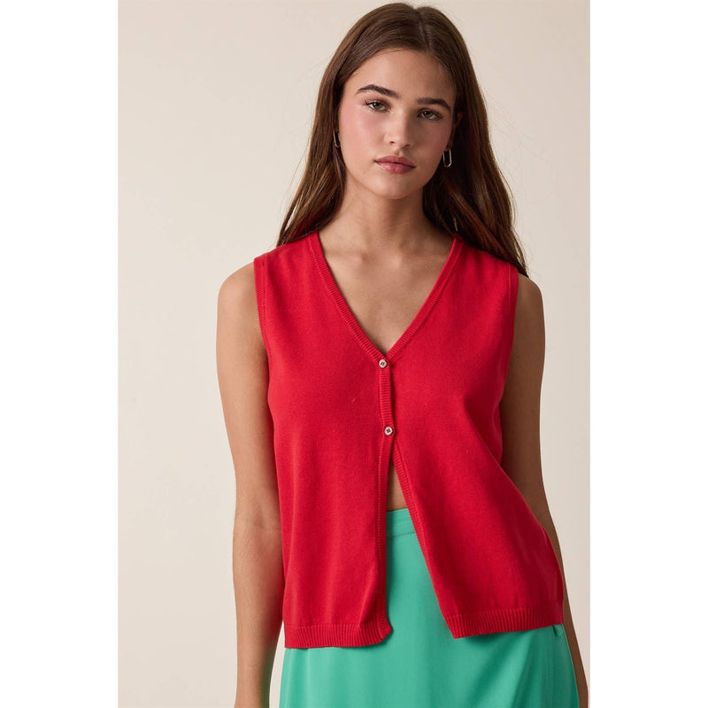 V-Neck Button Front Sweater Vest - Poppy