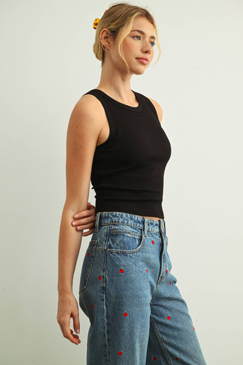 Sleeveless Ribbed Tank with Bra Pad - Black