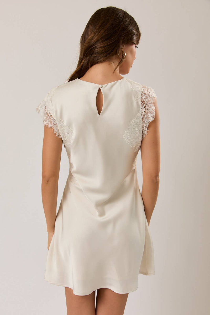 Sleeveless Satin & Lace Trim Dress - Cream