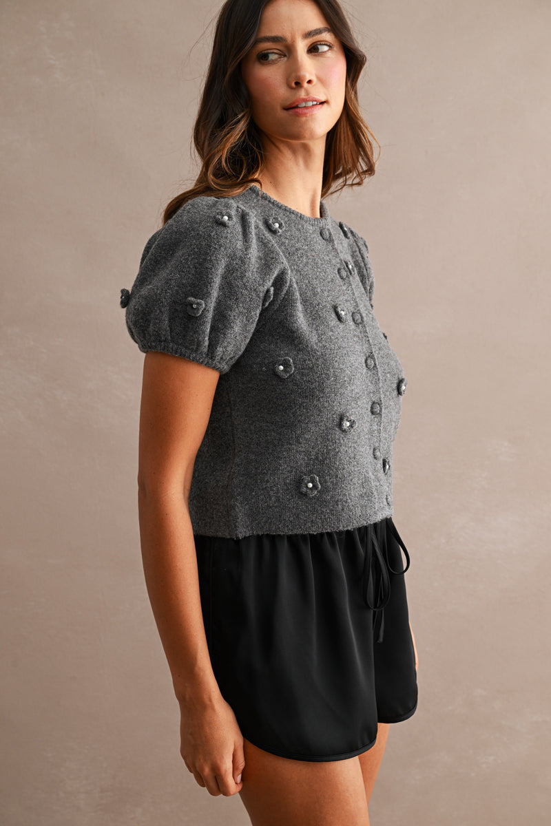 3D Floral Knit Top - Charcoal