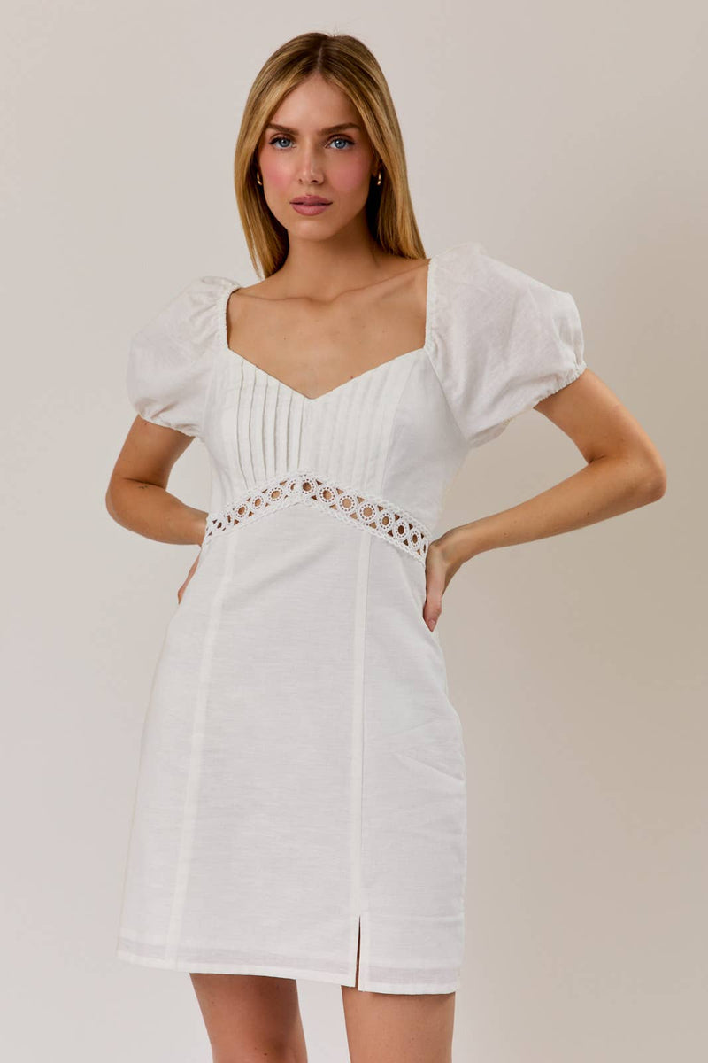 Puff Sleeve V-Neck Mini Dress - White