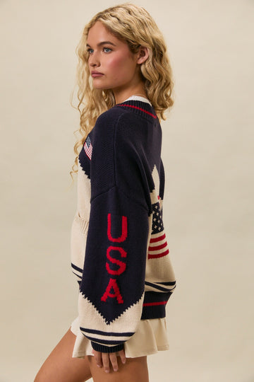 USA Flag Sweater Jacket - Navy & Cream