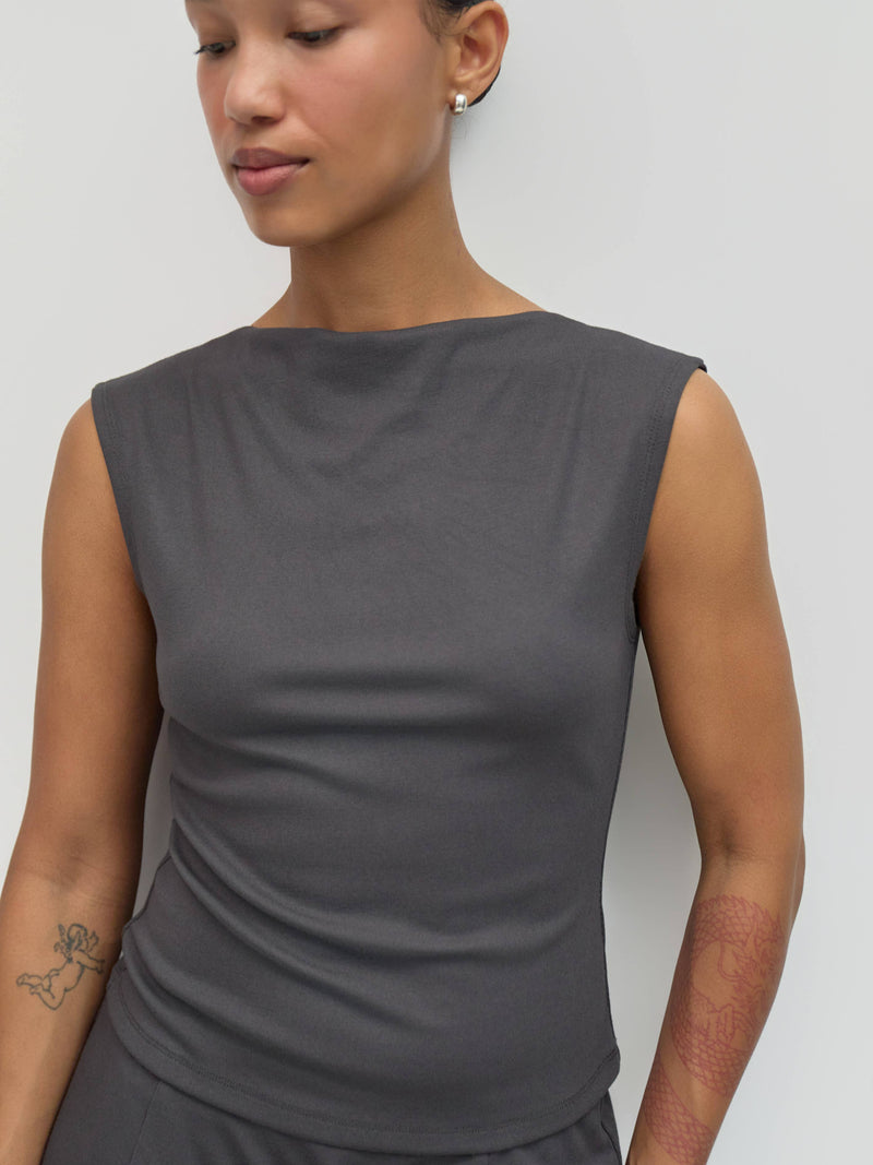 The Janey Top | Sleeveless Cowl Neck Knit Top - Charcoal