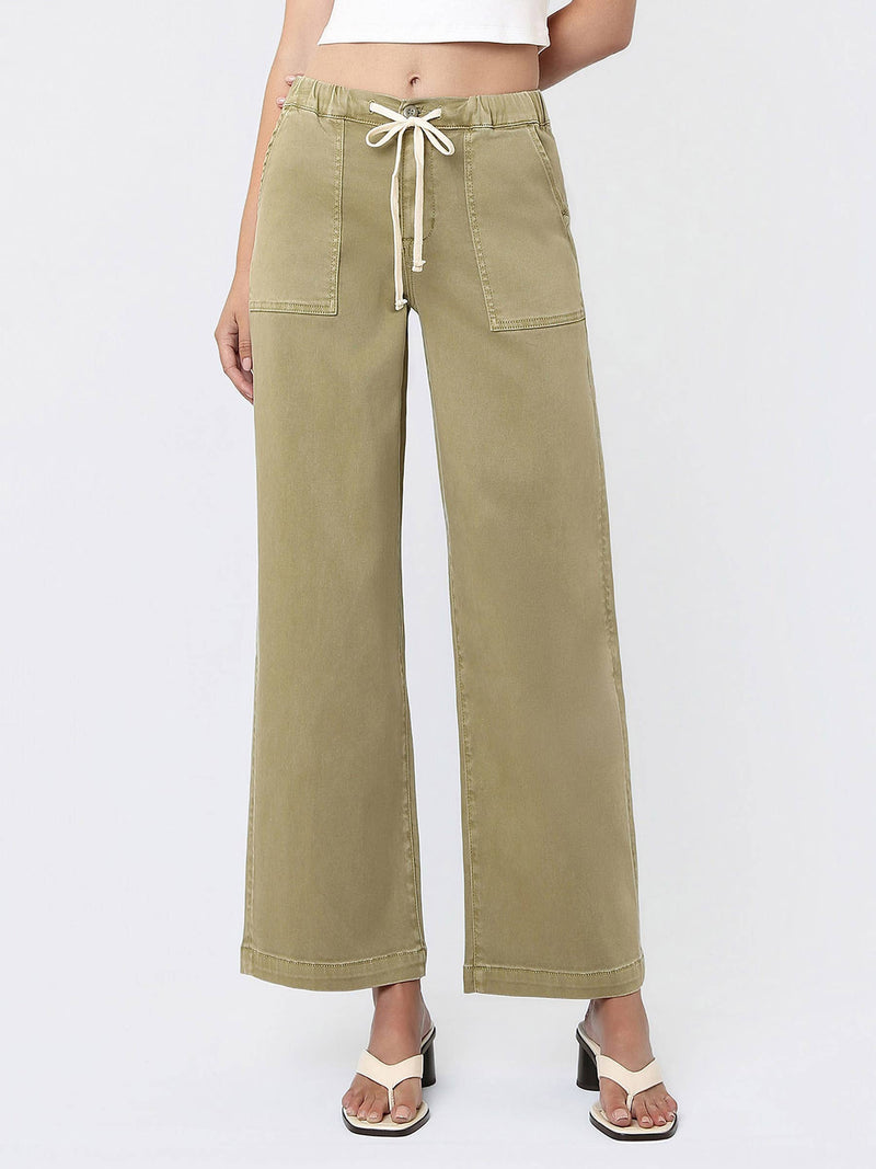 Vervet • High Rise Elastic Drawstring Baggy Wide Jeans - Herb