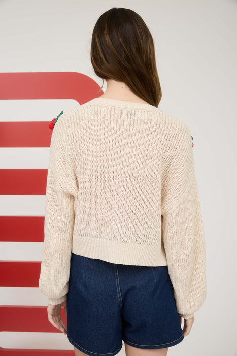 Fruit Embroidered Detail Cardigan - Cream