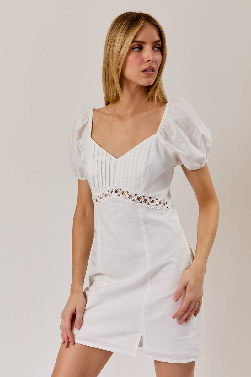 Puff Sleeve V-Neck Mini Dress - White