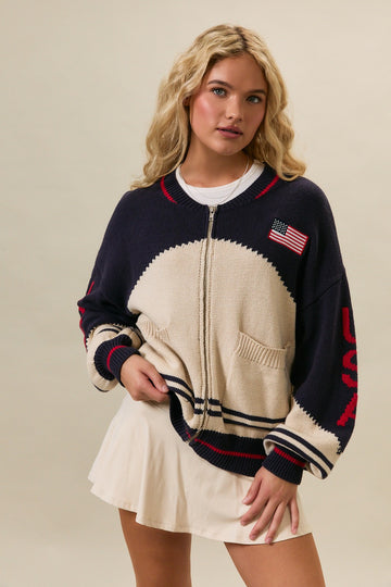 USA Flag Sweater Jacket - Navy & Cream
