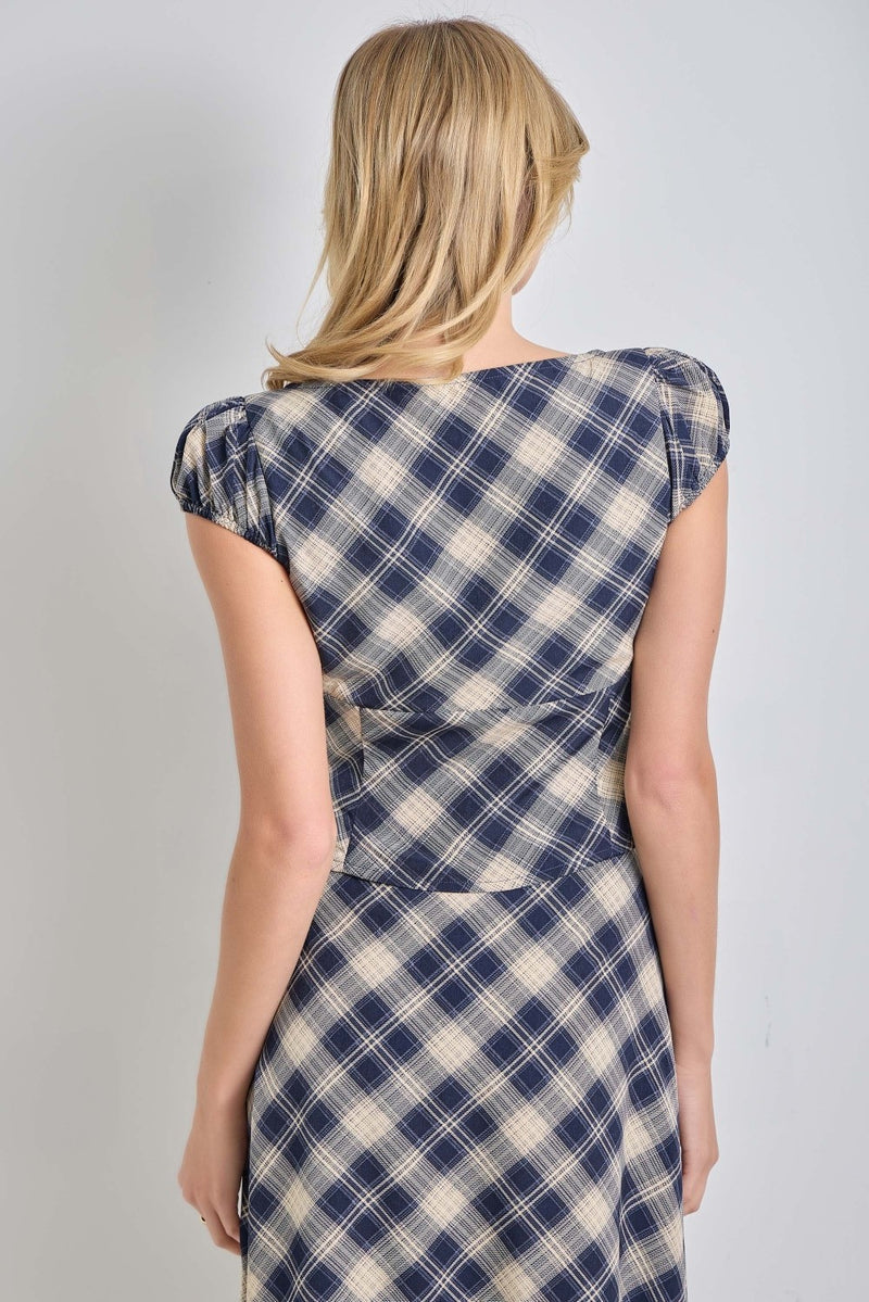 Plaid Cap Sleeve Top - Navy