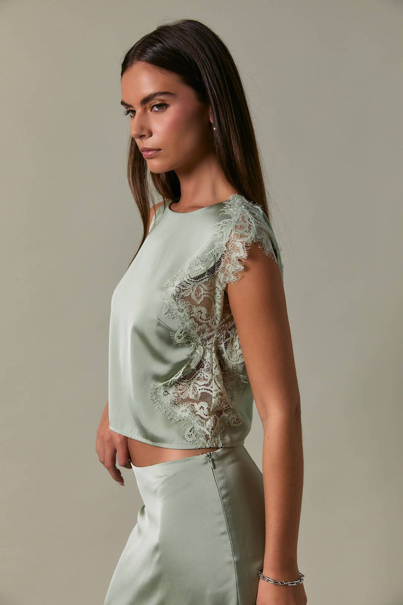 Sleeveless High Neck Lace Satin Crop Top - Sage