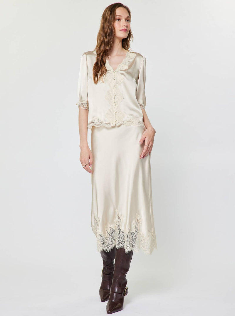 Lace Satin V-Neck Blouse - Ecru