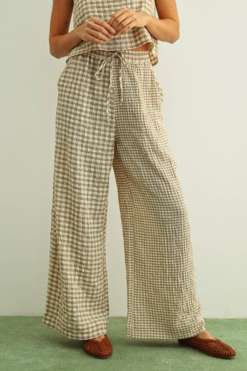 Gingham Straight Pants - Tan & Cream