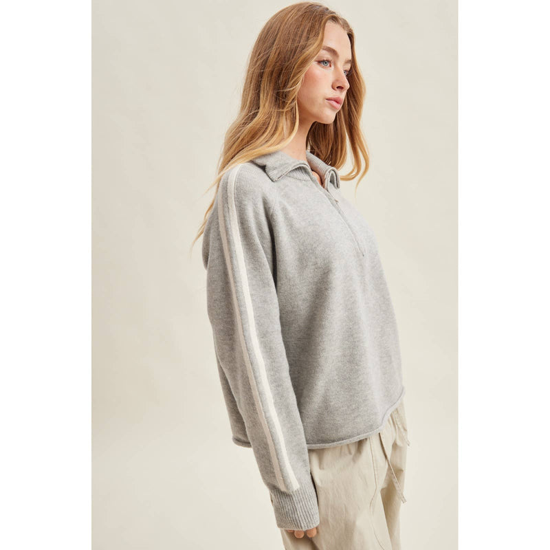 Varisty Half Zip Striped Sweater - Heather Grey & Cream