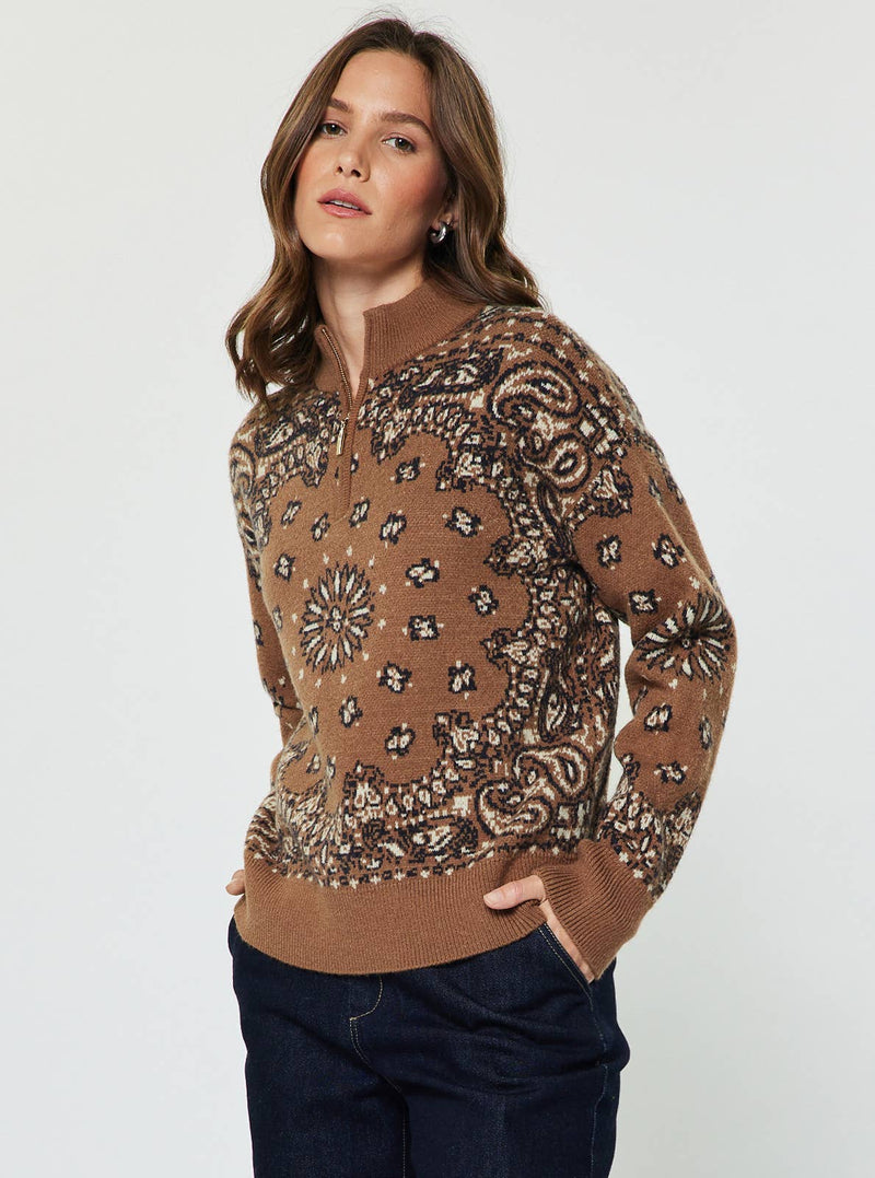 Paisley Quarter Zip-Up Sweater - Carmel