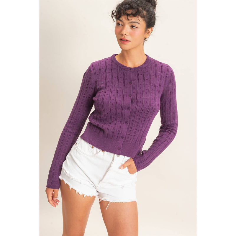 Pointelle Button Up Cardigan - Plum