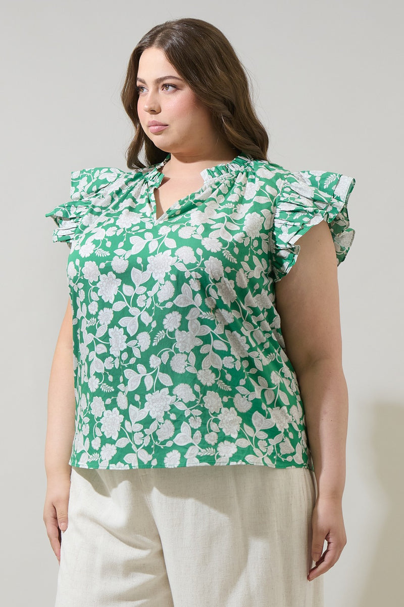 Floral Flutter Sleeve Top - Green & Grey