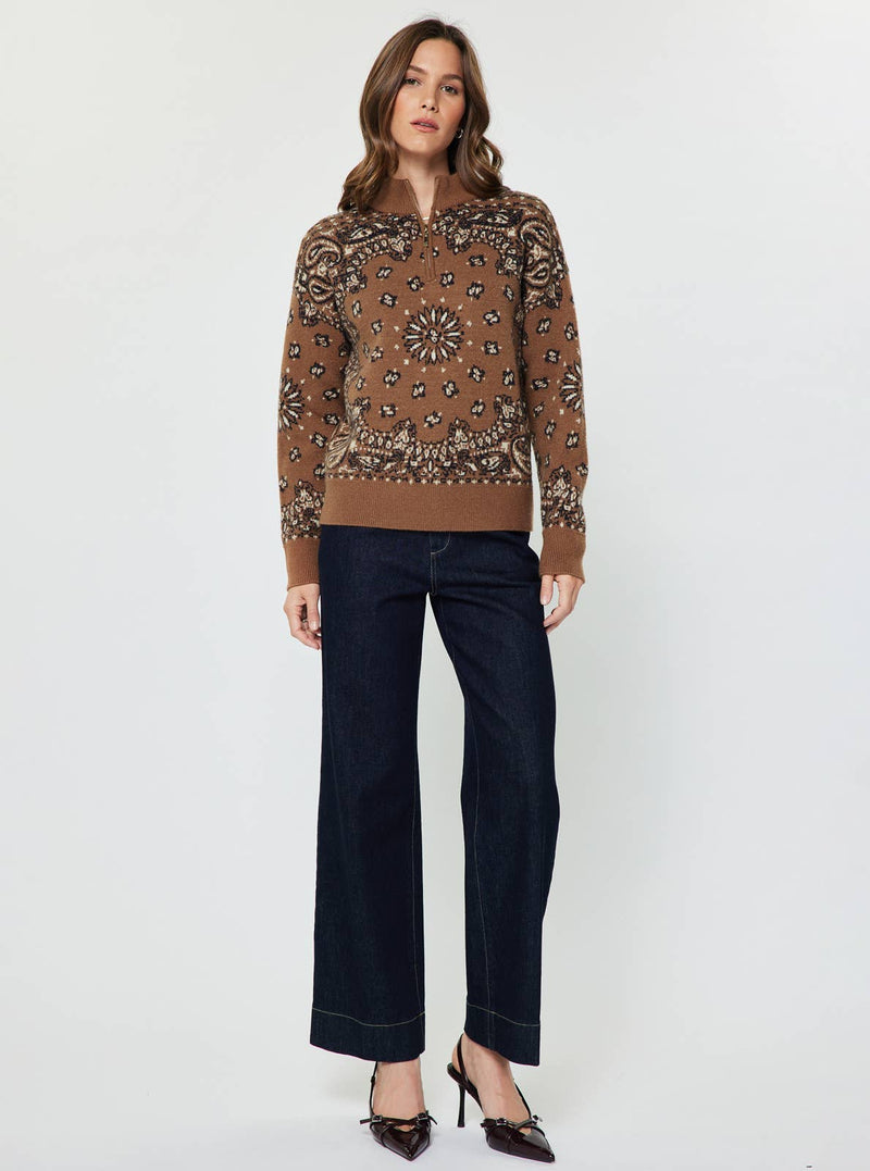 Paisley Quarter Zip-Up Sweater - Carmel