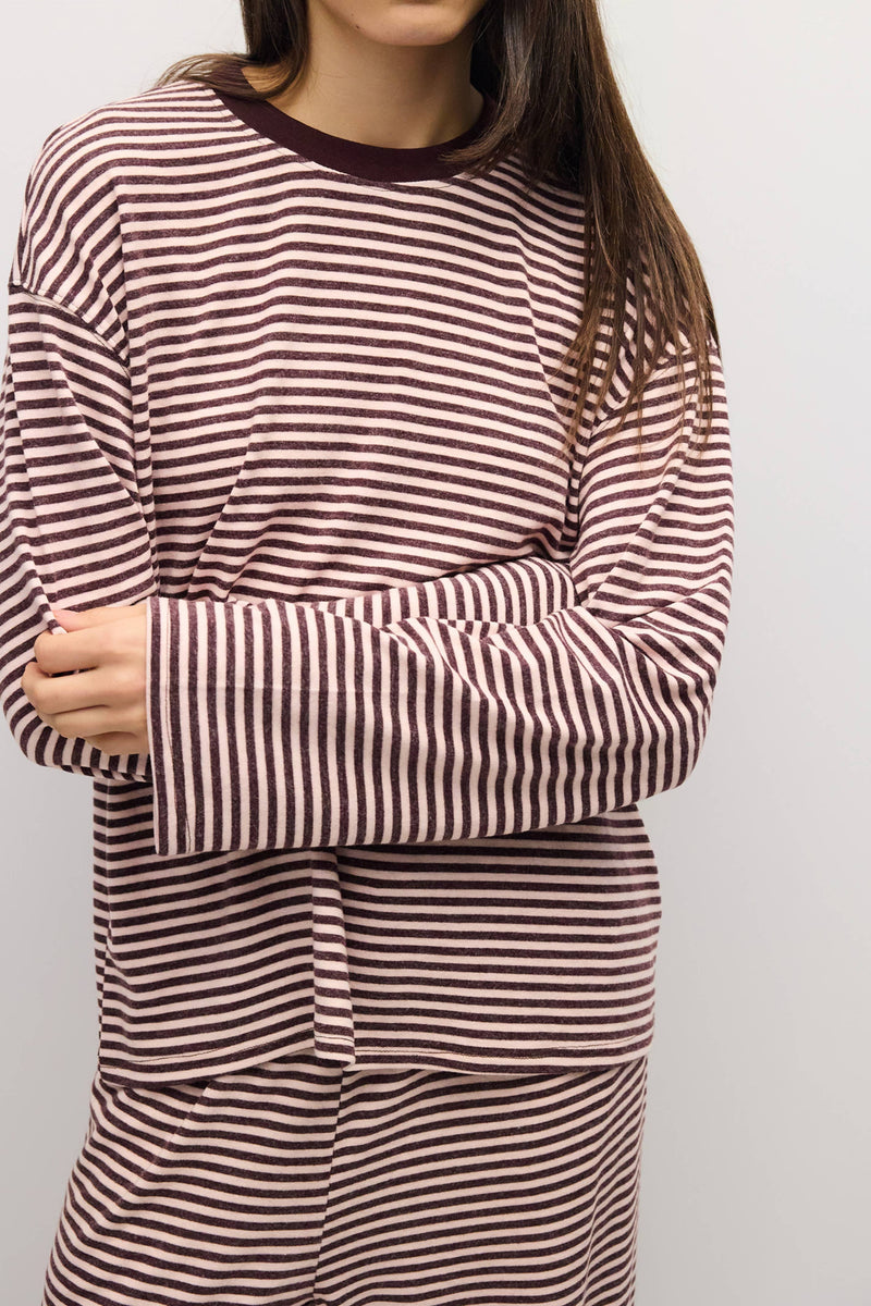 The Brook Top | Striped Long Sleeve Relaxed Tee - Pink & Burgundy