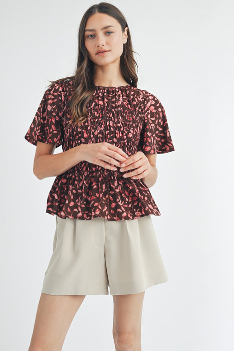 Floral Smocked Peplum Blouse - Espresso & Rose