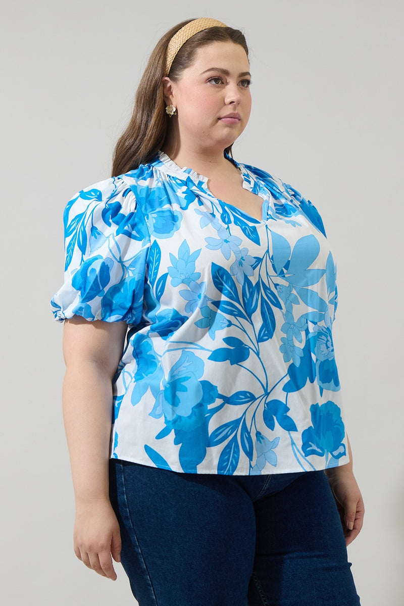 Floral Puff Sleeve Top - White & Blue
