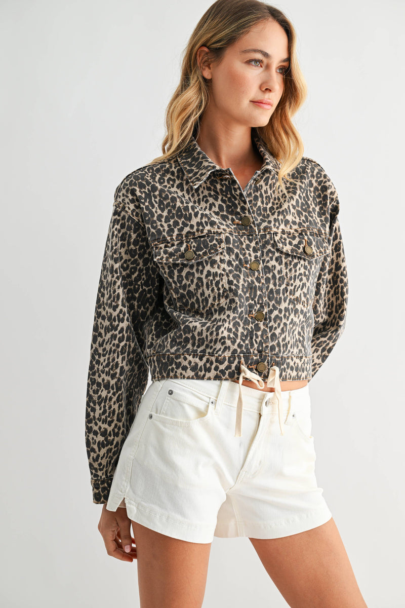 Just Black Denim • Tied Waist Denim Crop Jacket - Leopard