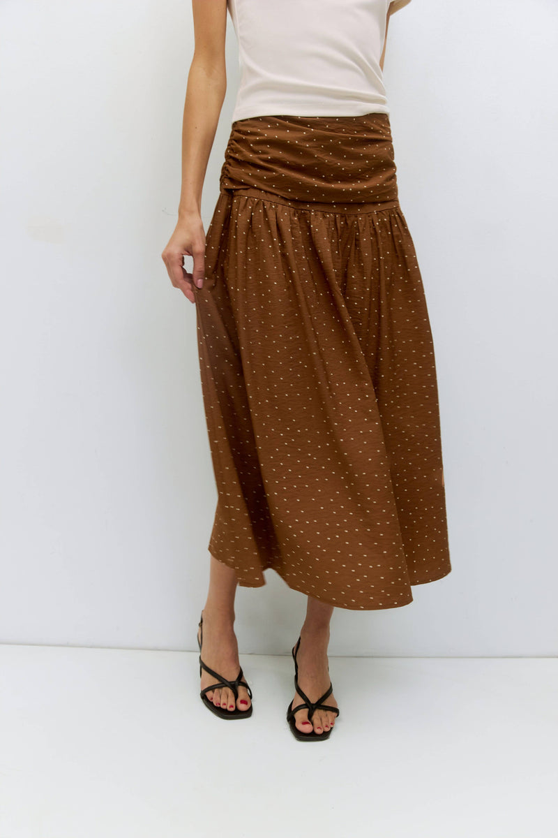 The Melinda Skirt | Ruched Polka Dot Midi Skirt - Brown