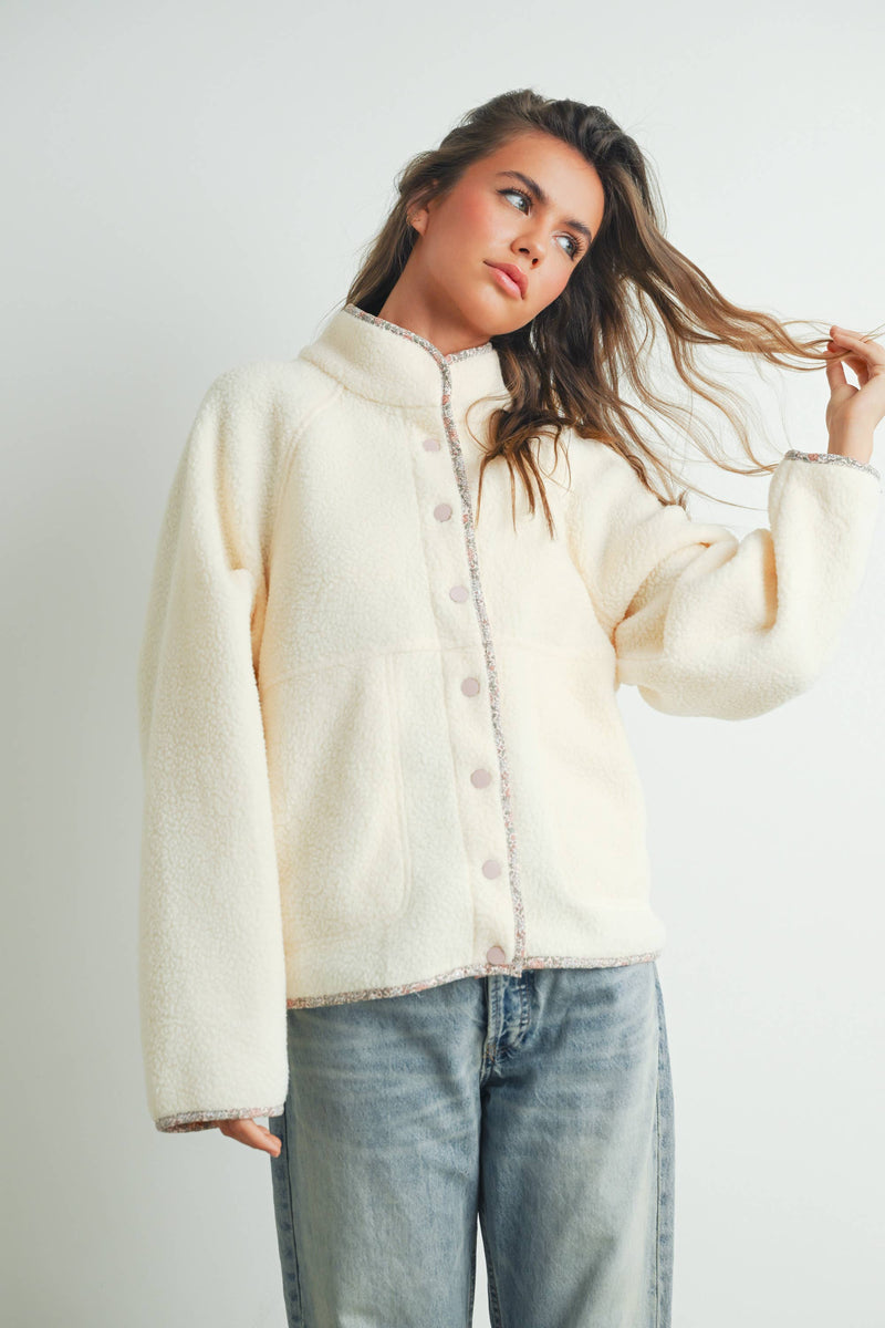 Mock Neck Sherpa Fleece Jacket - Ivory