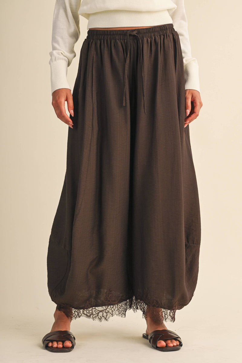 Barrel Fit Pants w/ Lace Trim Hem - Dark Brown
