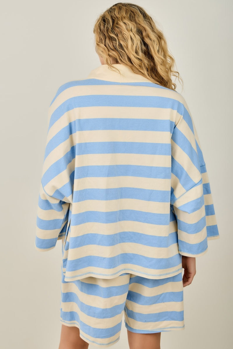 Striped Quarter Zip Sweater - Cream & Light Blue