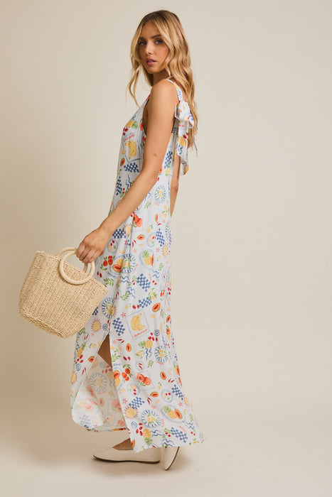 Fruit Print Dress - Light Blue