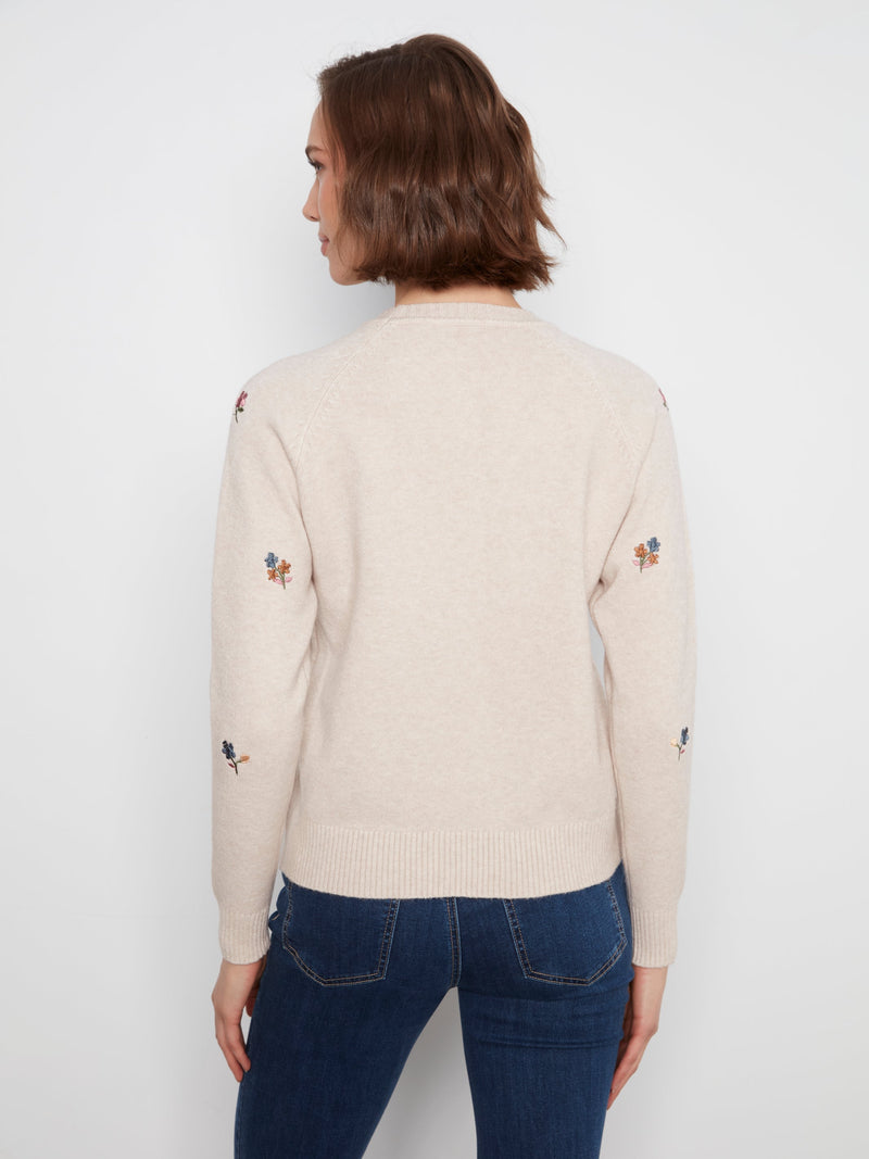 Charlie B • Embroidered Raglan Sleeve Crewneck Sweater - Almond