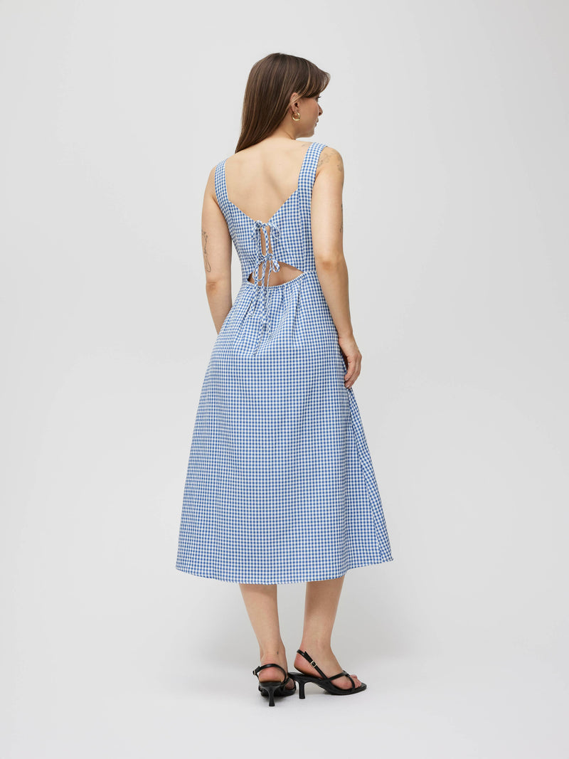 The Madeline Dress | Square Neck Gingham Midi Dress - Blue