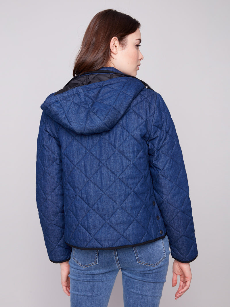 Denim Quilted Puffer Jacket With Removable Hood