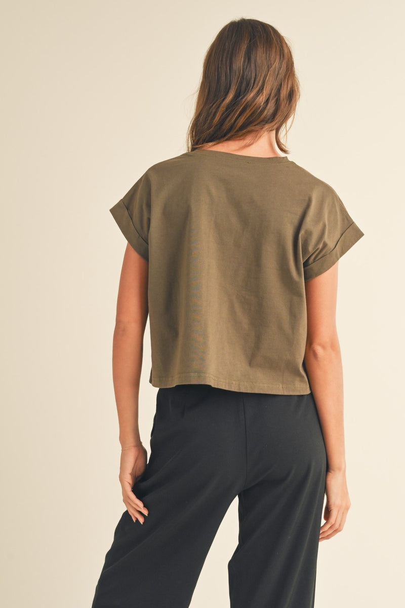 Round Neck Cuffed Sleeve Tee - Olive Green