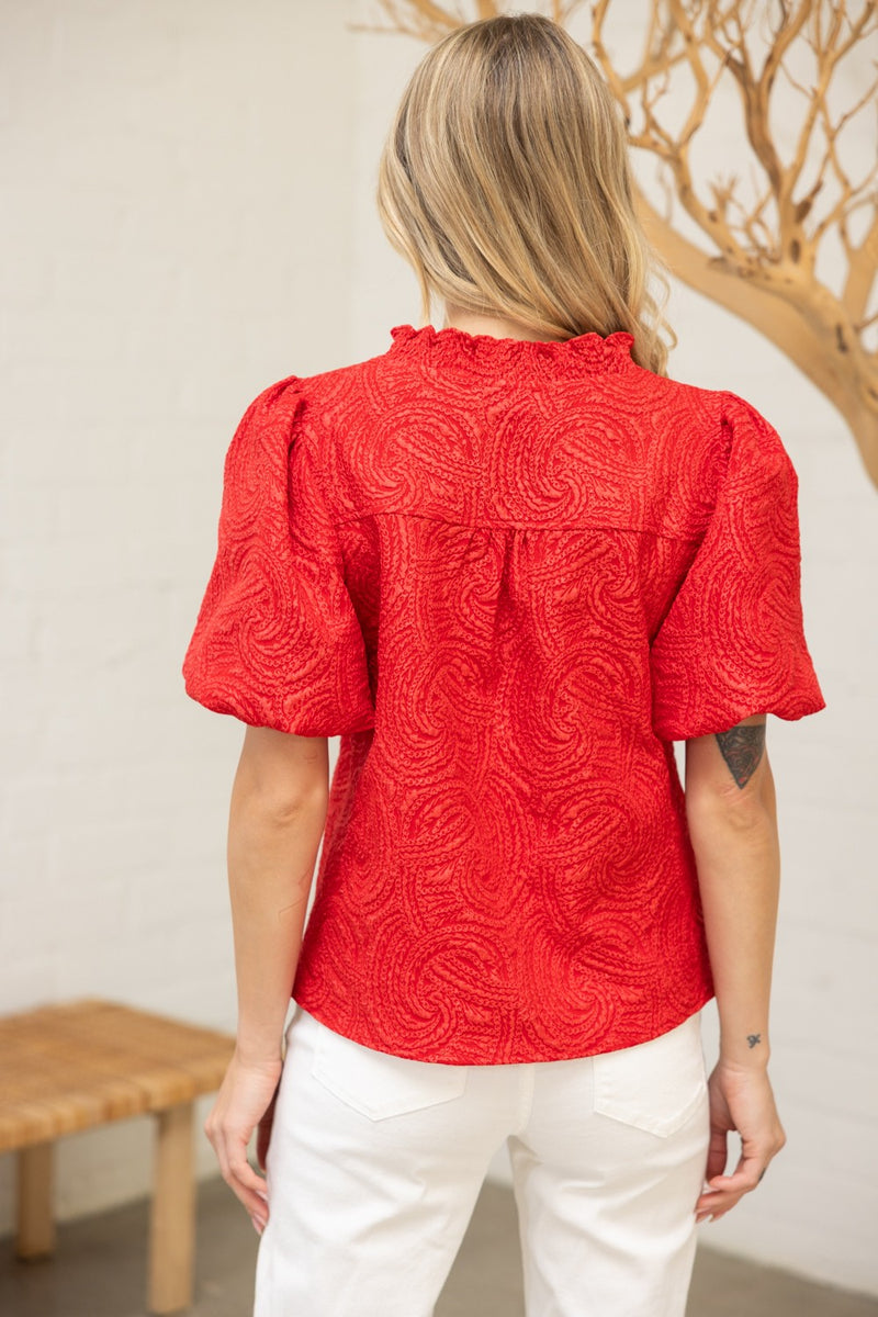 Smocked V Neck Top - Red