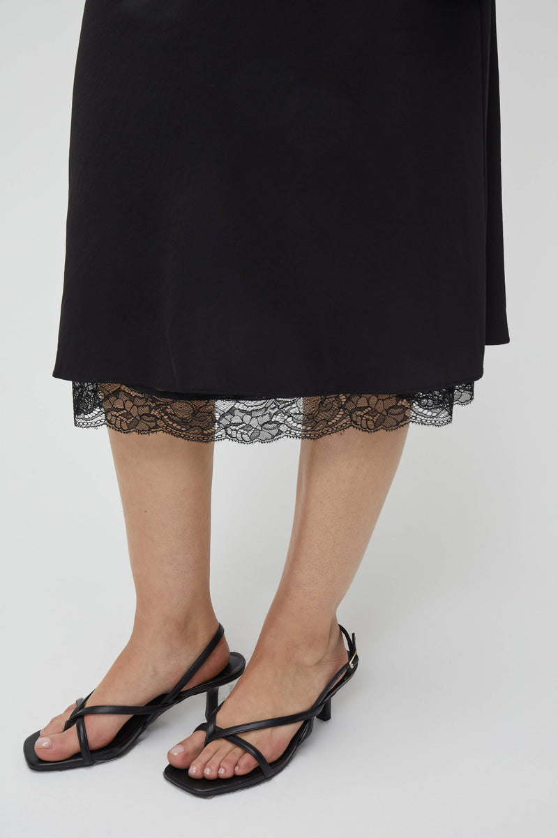 The Ruby Skirt | Satin Lace Midi Skirt - Black