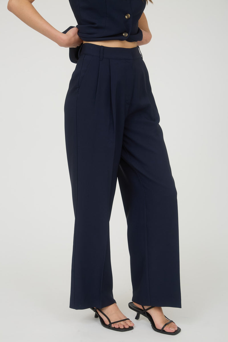 High Waist Pleated Wide Leg Dress Pants - Navy