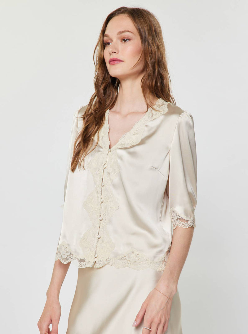 Lace Satin V-Neck Blouse - Ecru