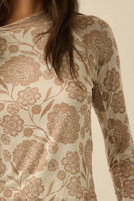 Floral Print Mesh Mock Neck Raglan Top Cream