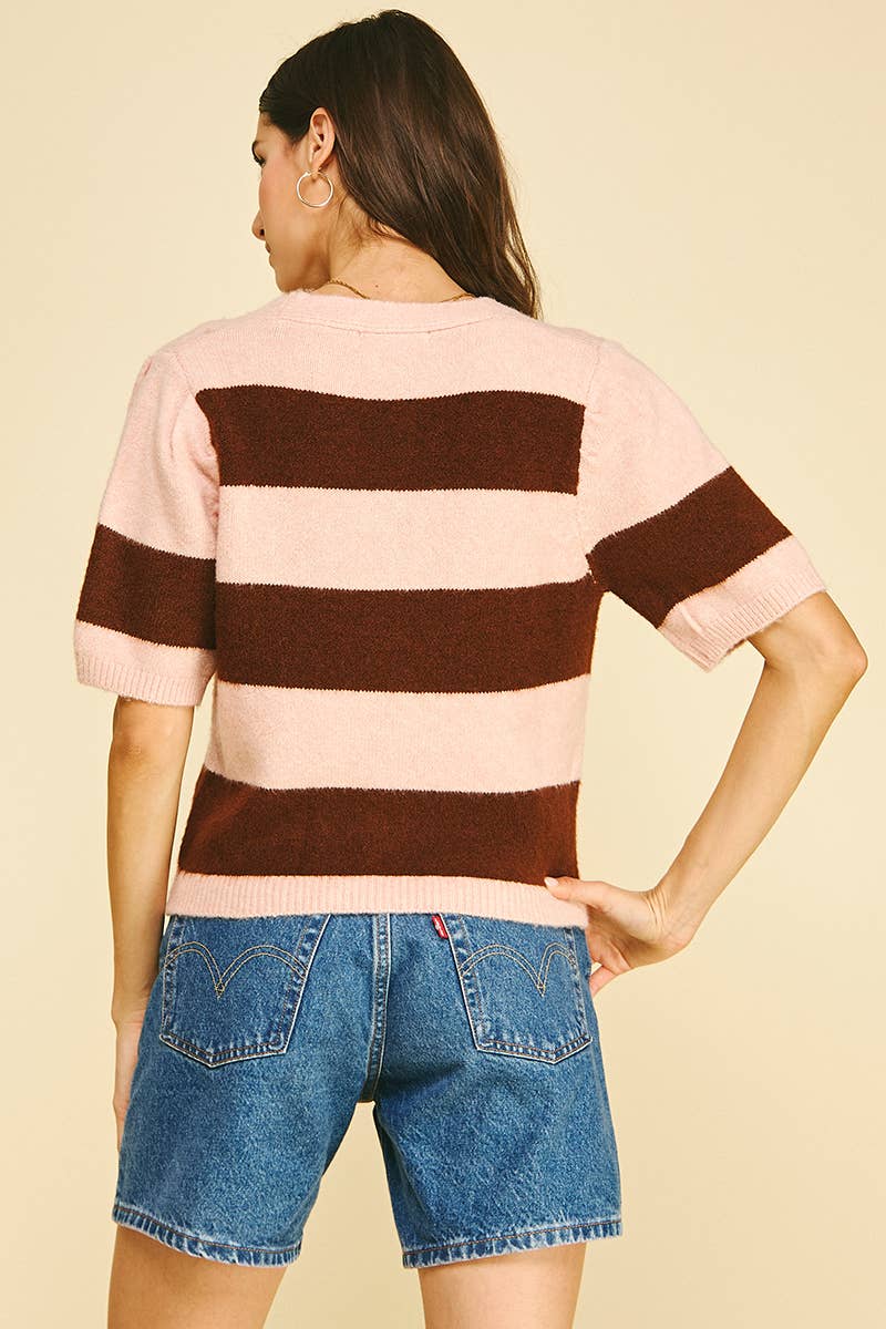 Striped V-Neck Cardigan - Pink & Brown