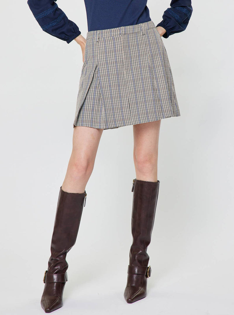 Plaid A-Line Mini Skirt - Navy & Taupe