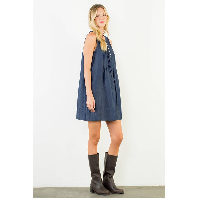 Sleeveless Denim Button Dress - Dark Blue
