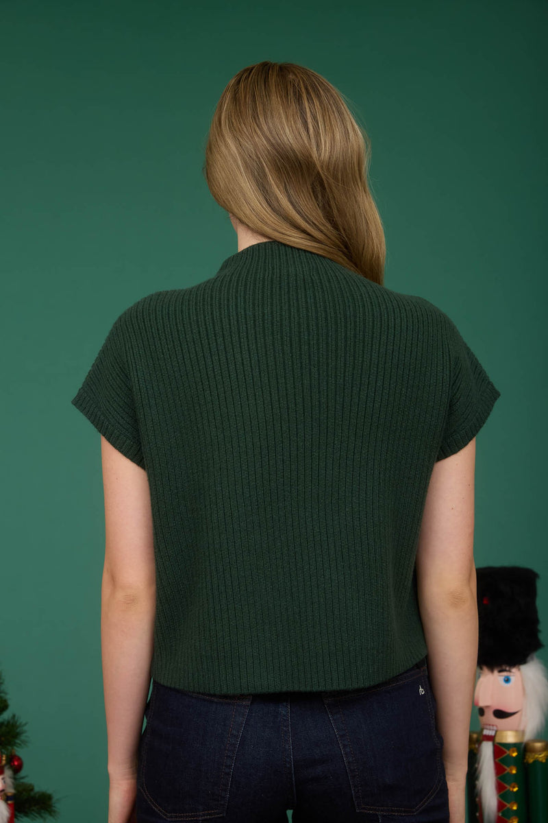 Mock Neck Pocket Detail Short Sleeve Knit Sweater Green