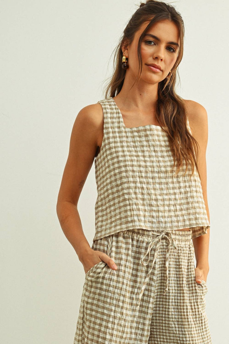 Gingham Square Neck Top - Tan & Cream